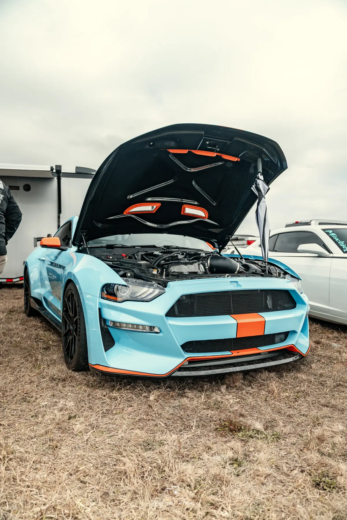 Gulf-livery Mustang with the hood up
